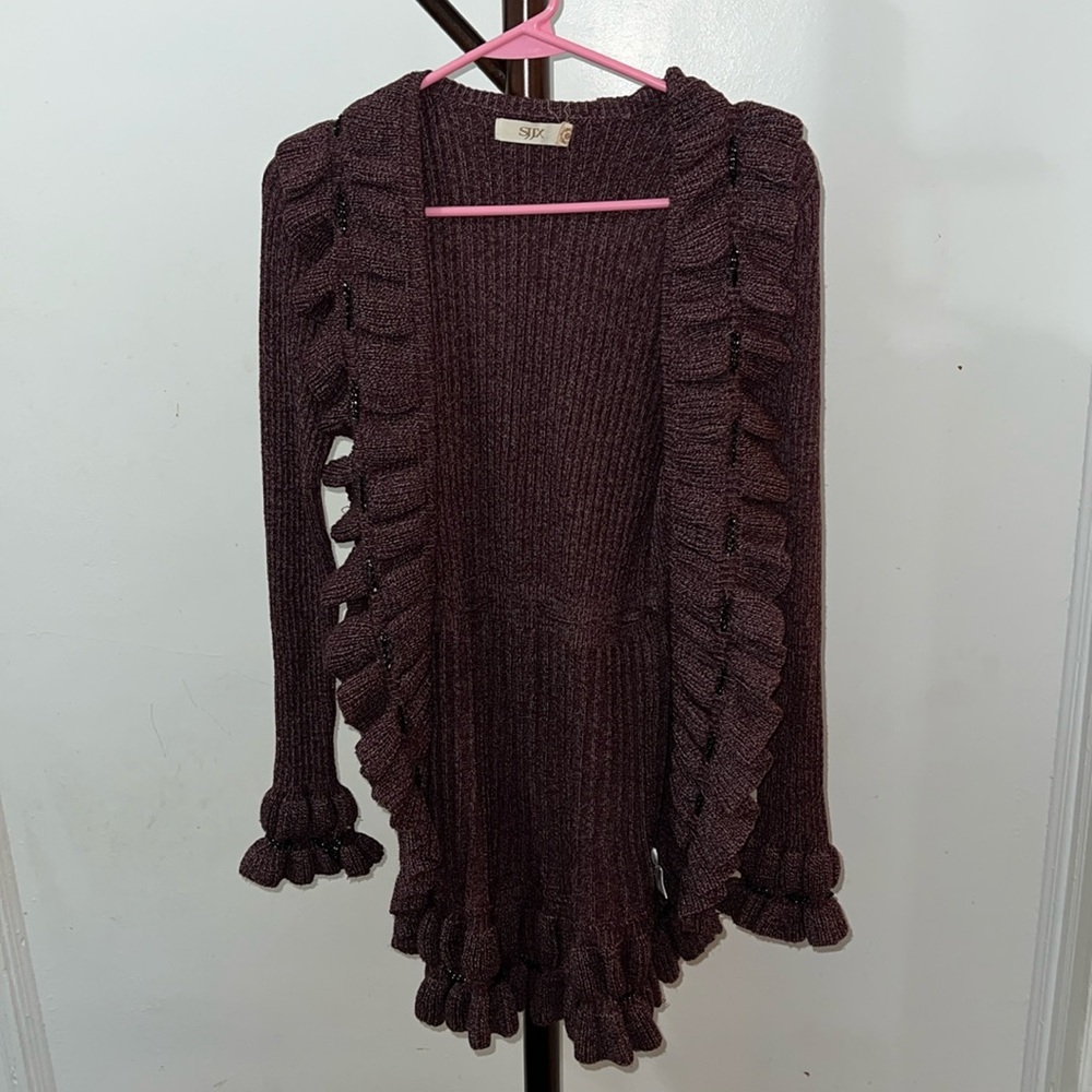 Ruffled Knit Cardigan With Chain Detailing